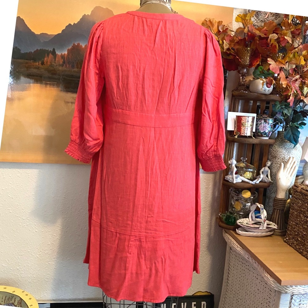 J. Jill Button Front Dress Coastal Linen Blend Womens XS Coral Pink Midi 3/4 - Picture 5 of 7